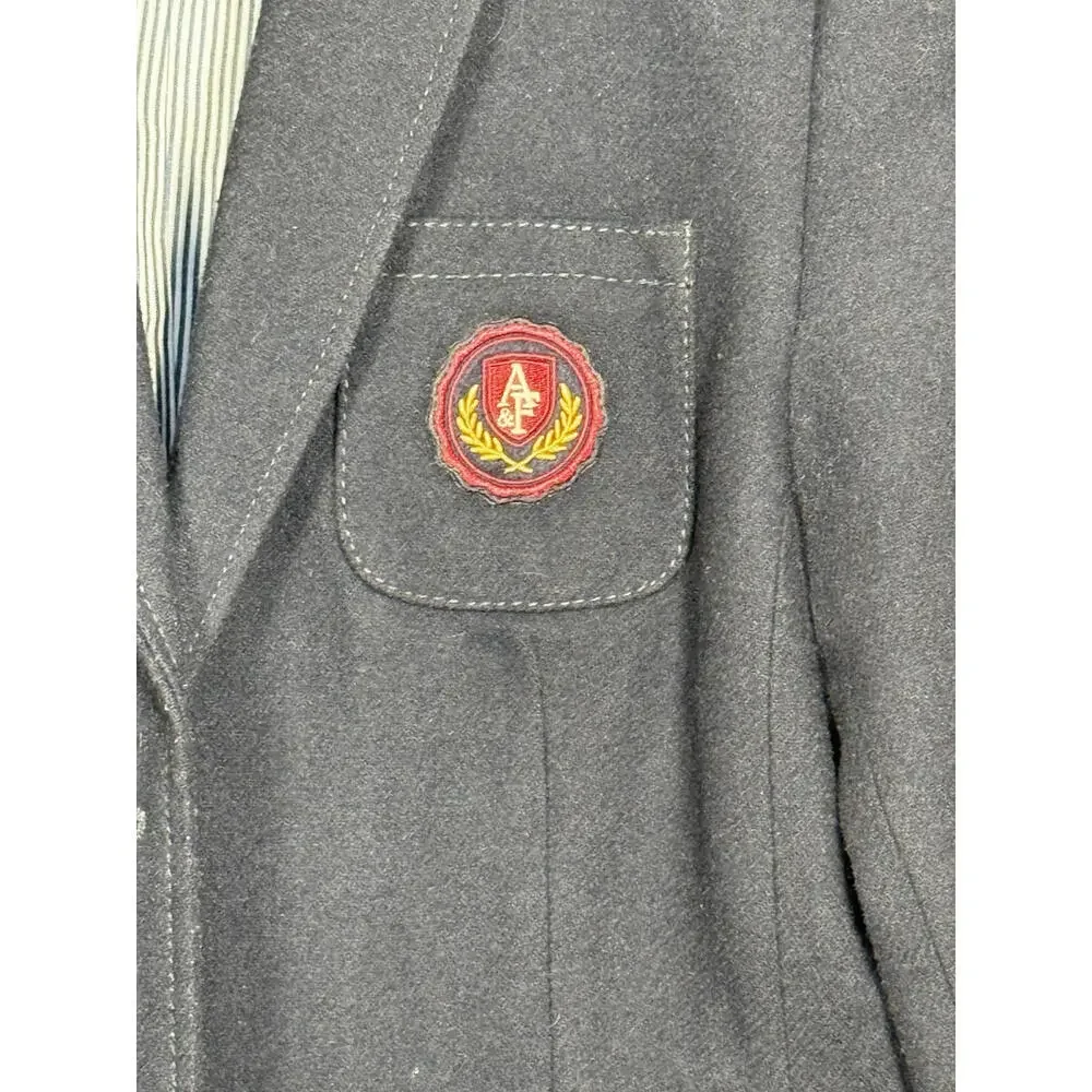 Abercrombie & Fitch Wool Blend Navy Sz Large Fitted Cropped Lined Blazer Crest - Picture 2 of 8